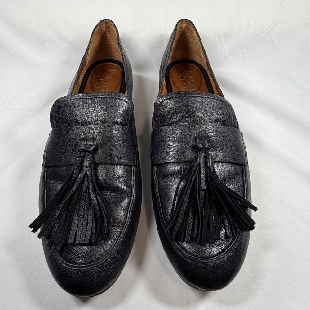 Franco Sarto Womens Black Leather Tassel Loafers Almond Toe Flats Size 9M - Picture 2 of 8